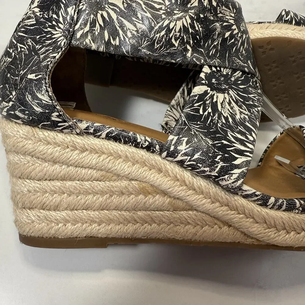 PATRICIA NASH Rubia Jute Wedge Sandal Size 6.5M Black Floral Leather Strappy EUC